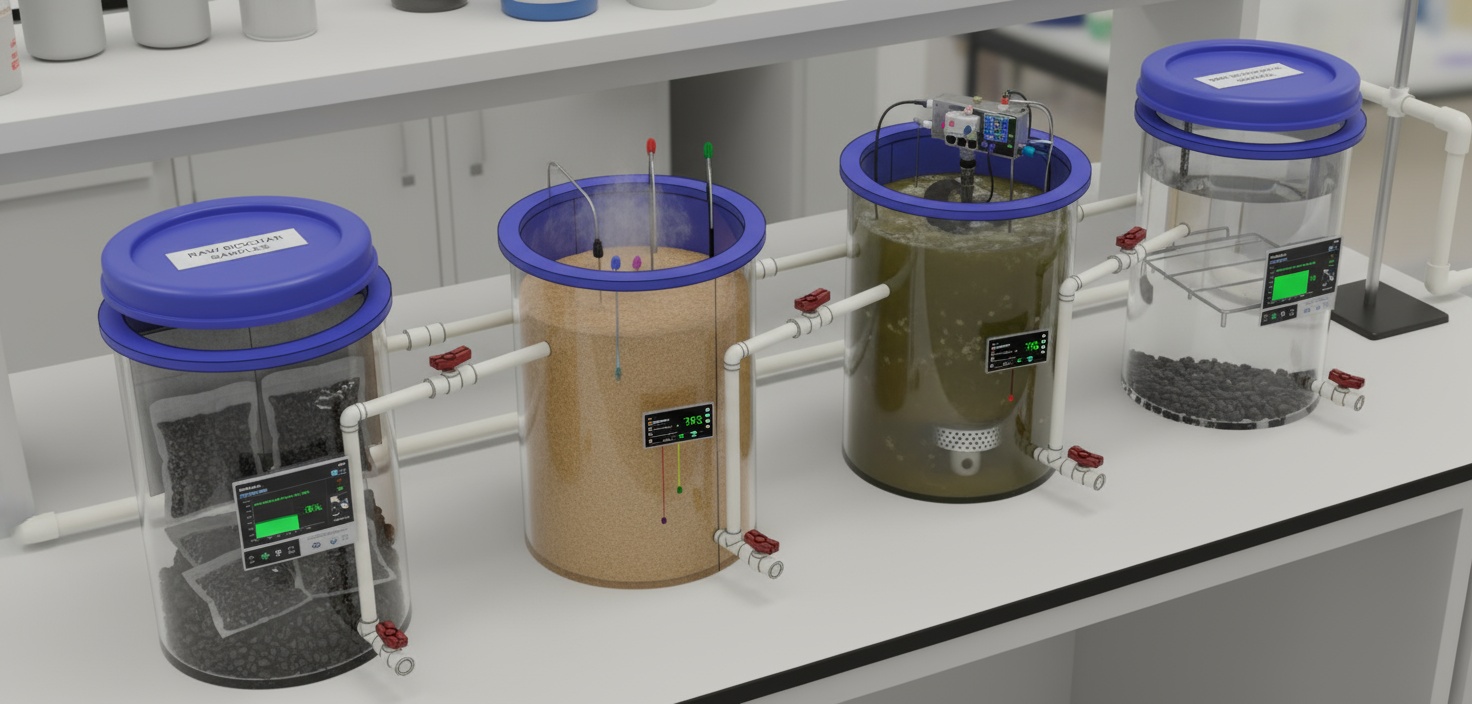 Biovara 4-Stage Filtration System - 3D Render showing all four containers with sensors and monitoring displays